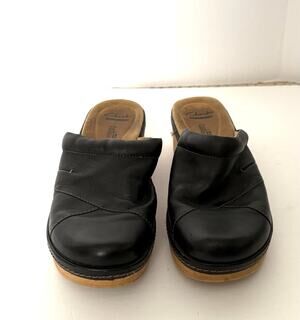 Clark’s Shoes Open Back Clogs, Black Leather, Arch Support, Size Womens 8 or 39